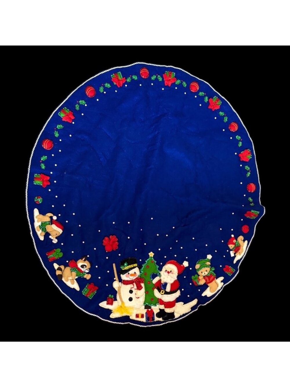 Vtg 1993 Bucilla Santa Snowman Round Felt Tree Skirt Sequins #33193 finished